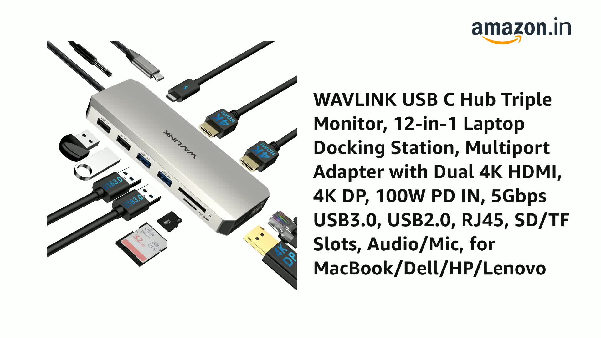 WAVLINK 12-in-1 Triple Display USB C Docking Station: Dual 4K HDMI